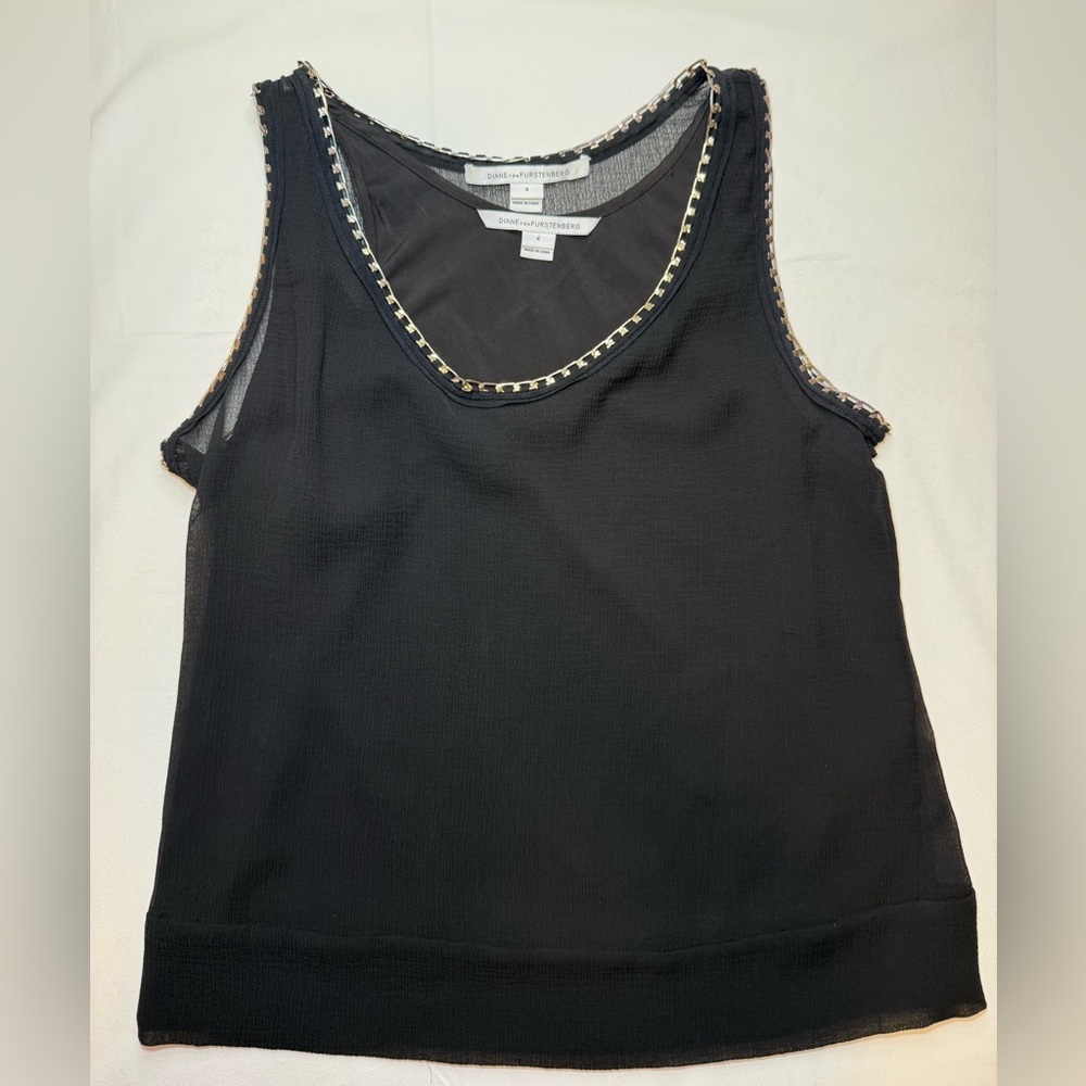 Diane Von Furstenberg Black Silk Top with Metal Chain Trim Size 4